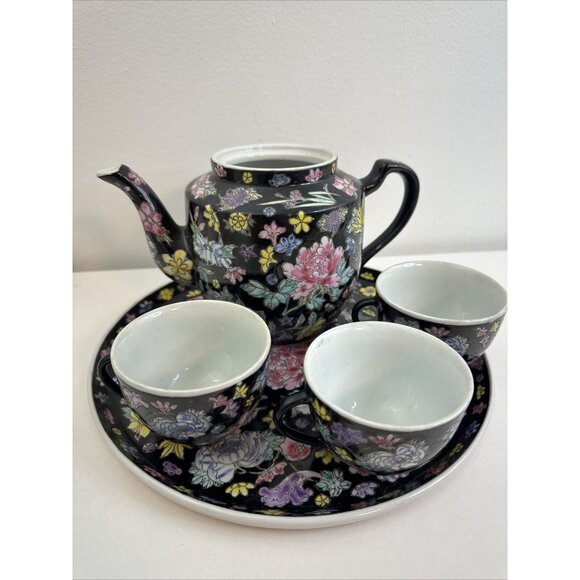 Vintage Black Noir Millefleur Famille floral teapot with plate and 3 cups No Lid